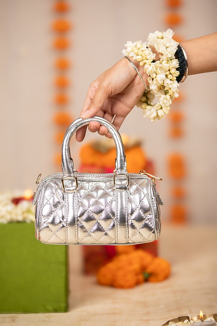 Silver PU Embroidered Handbag by 5 Elements at Pernia's Pop Up Shop