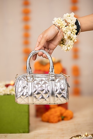 Silver PU Embroidered Handbag by 5 Elements