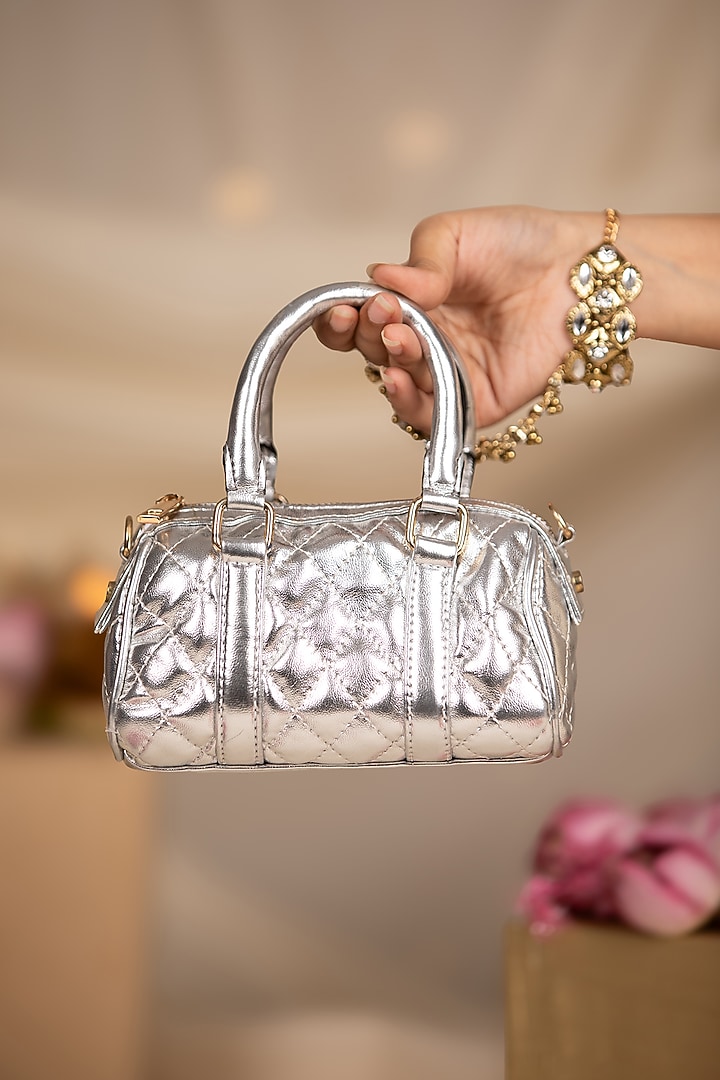 Silver PU Embroidered Handbag by 5 Elements at Pernia's Pop Up Shop