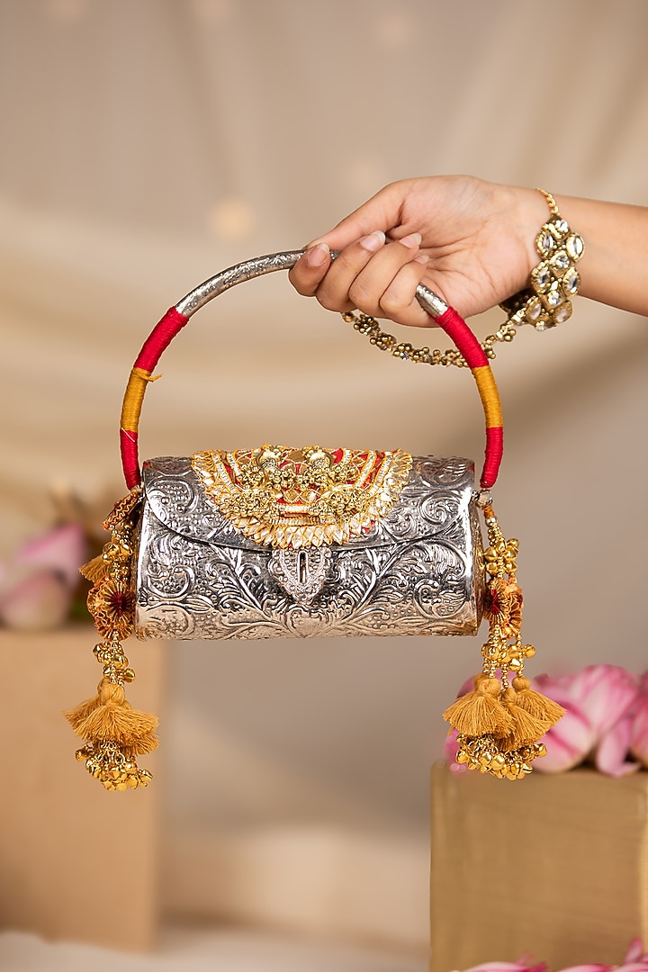 Silver Metallic Embroidered Handbag by 5 Elements at Pernia's Pop Up Shop