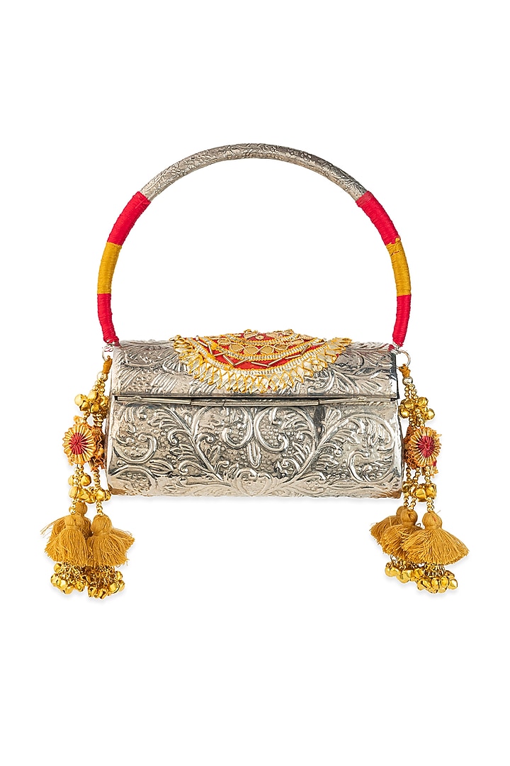 Silver Metallic Embroidered Handbag by 5 Elements at Pernia's Pop Up Shop