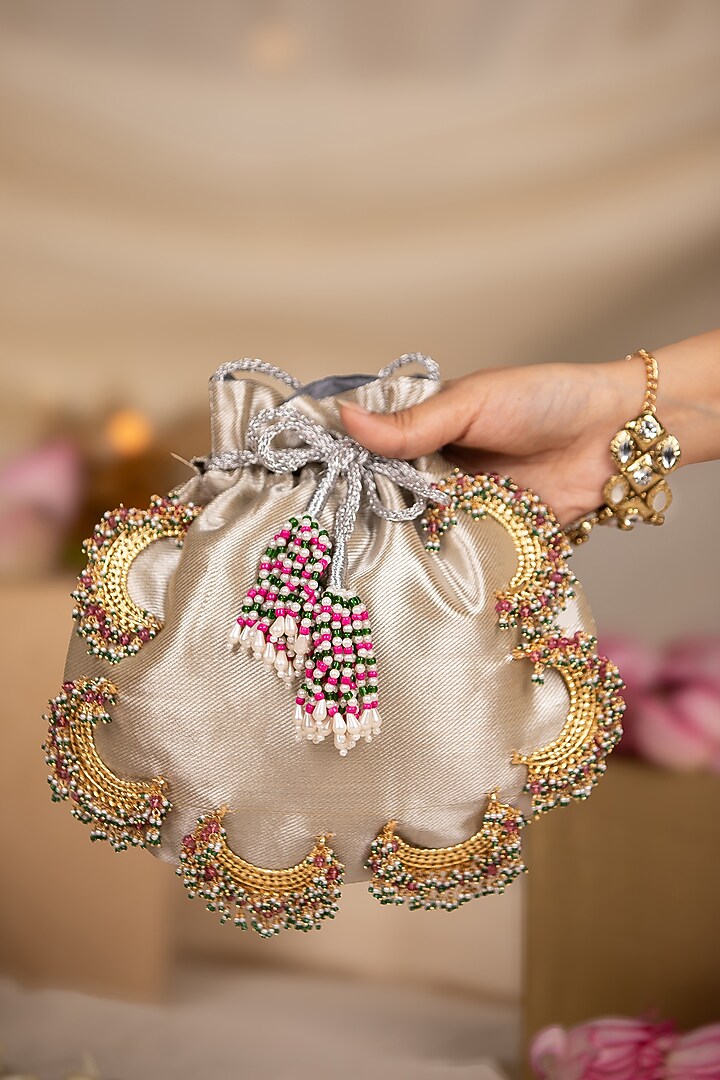 Silver Brocade Embroidered Potli by 5 Elements at Pernia's Pop Up Shop