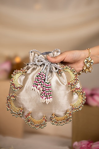 Silver Brocade Embroidered Potli by 5 Elements