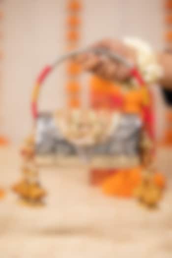 Silver PU Embroidered Handbag by 5 Elements at Pernia's Pop Up Shop