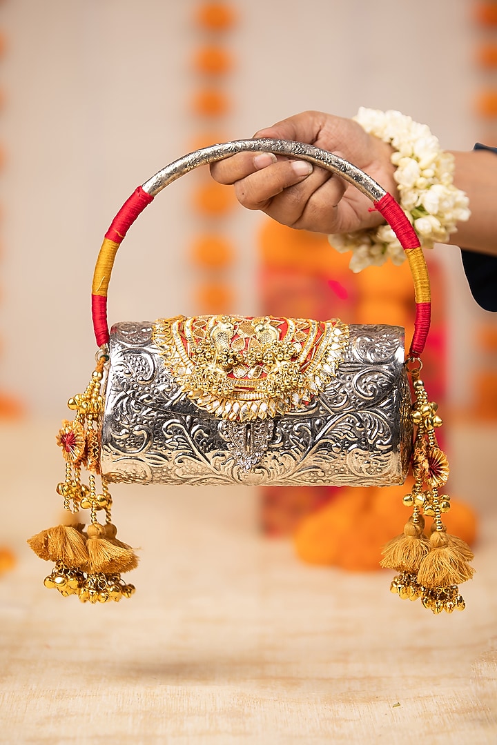 Silver PU Embroidered Handbag by 5 Elements at Pernia's Pop Up Shop