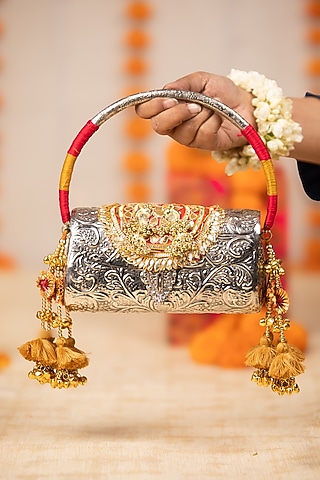 Silver PU Embroidered Handbag by 5 Elements