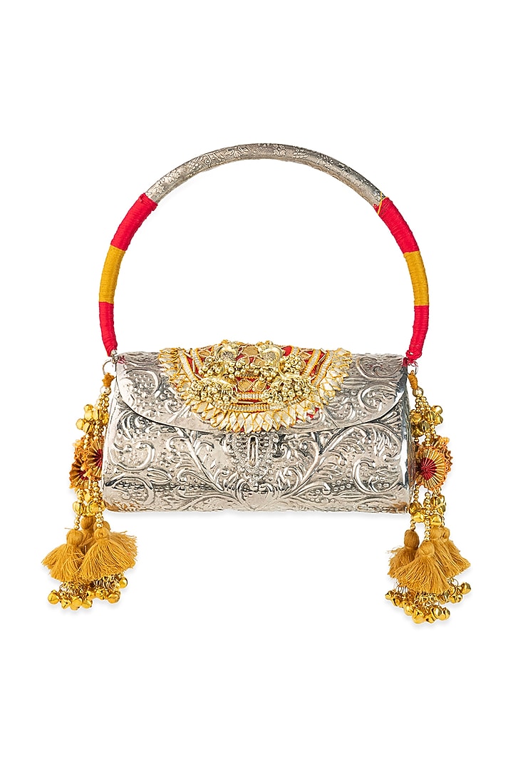Silver PU Embroidered Handbag by 5 Elements at Pernia's Pop Up Shop