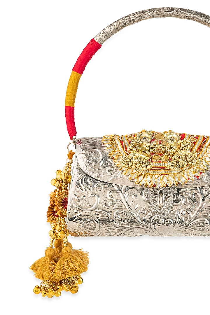 Silver PU Embroidered Handbag by 5 Elements at Pernia's Pop Up Shop