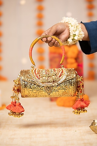Gold Metallic Embroidered Handbag by 5 Elements