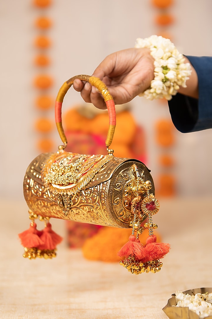 Gold Metallic Embroidered Handbag by 5 Elements at Pernia's Pop Up Shop