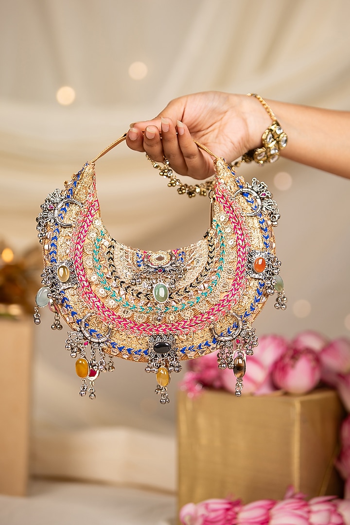 Gold Brocade Thread Embroidered Handbag by 5 Elements at Pernia's Pop Up Shop