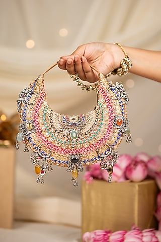 Gold Brocade Thread Embroidered Handbag by 5 Elements