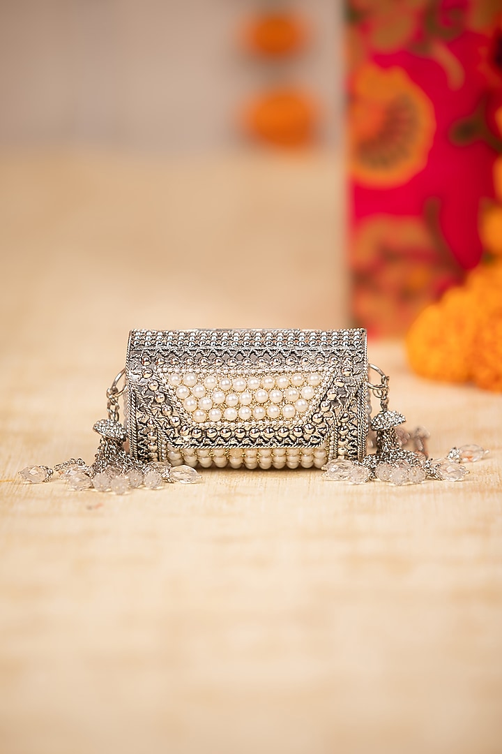 Silver Metallic Pearl Embellished Handbag by 5 Elements at Pernia's Pop Up Shop