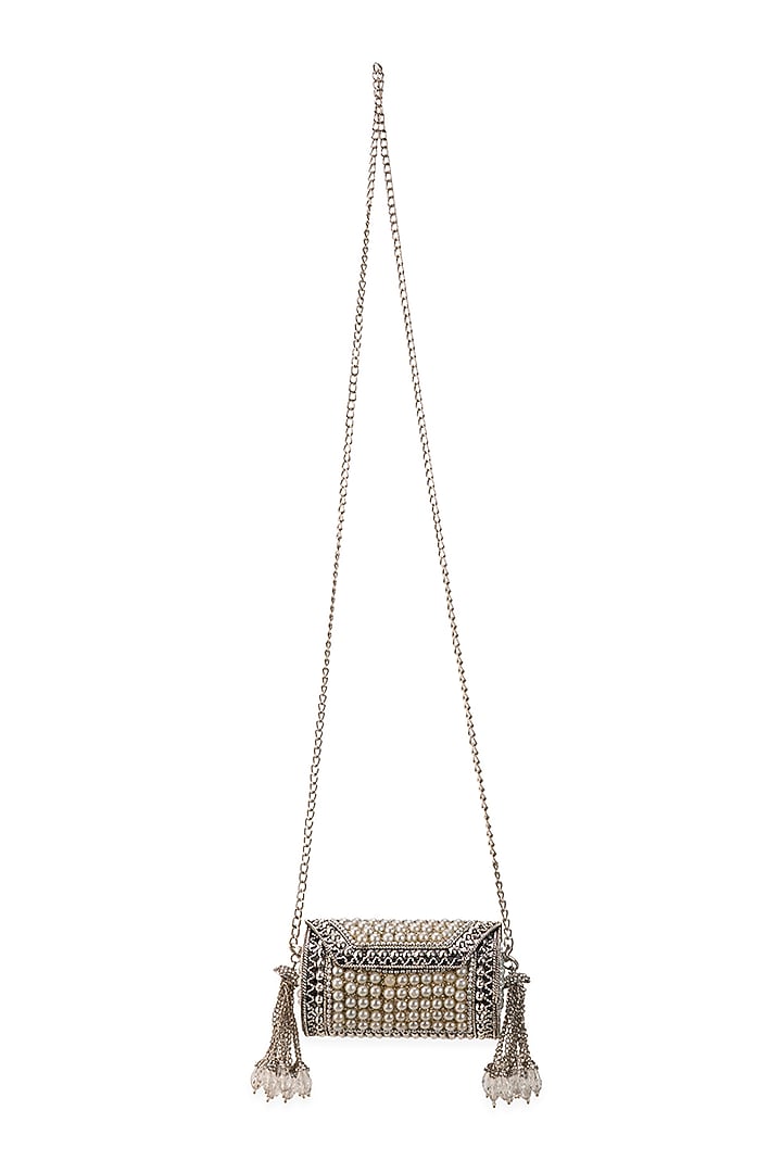 Silver Metallic Pearl Embellished Handbag by 5 Elements at Pernia's Pop Up Shop