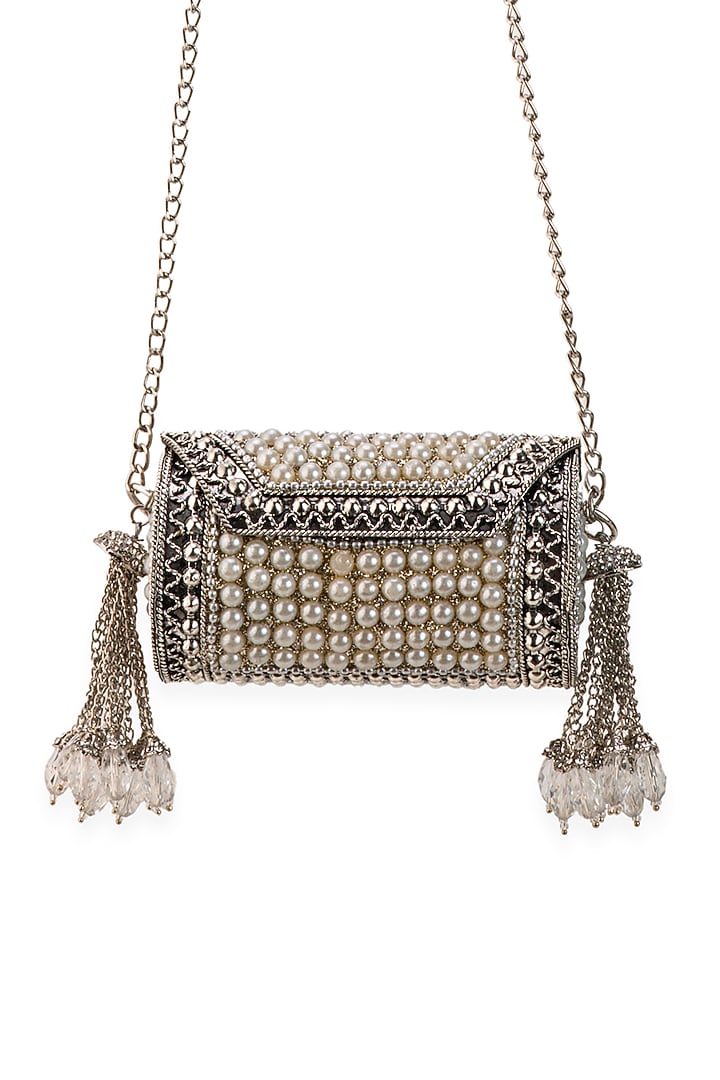 Silver Metallic Pearl Embellished Handbag by 5 Elements at Pernia's Pop Up Shop