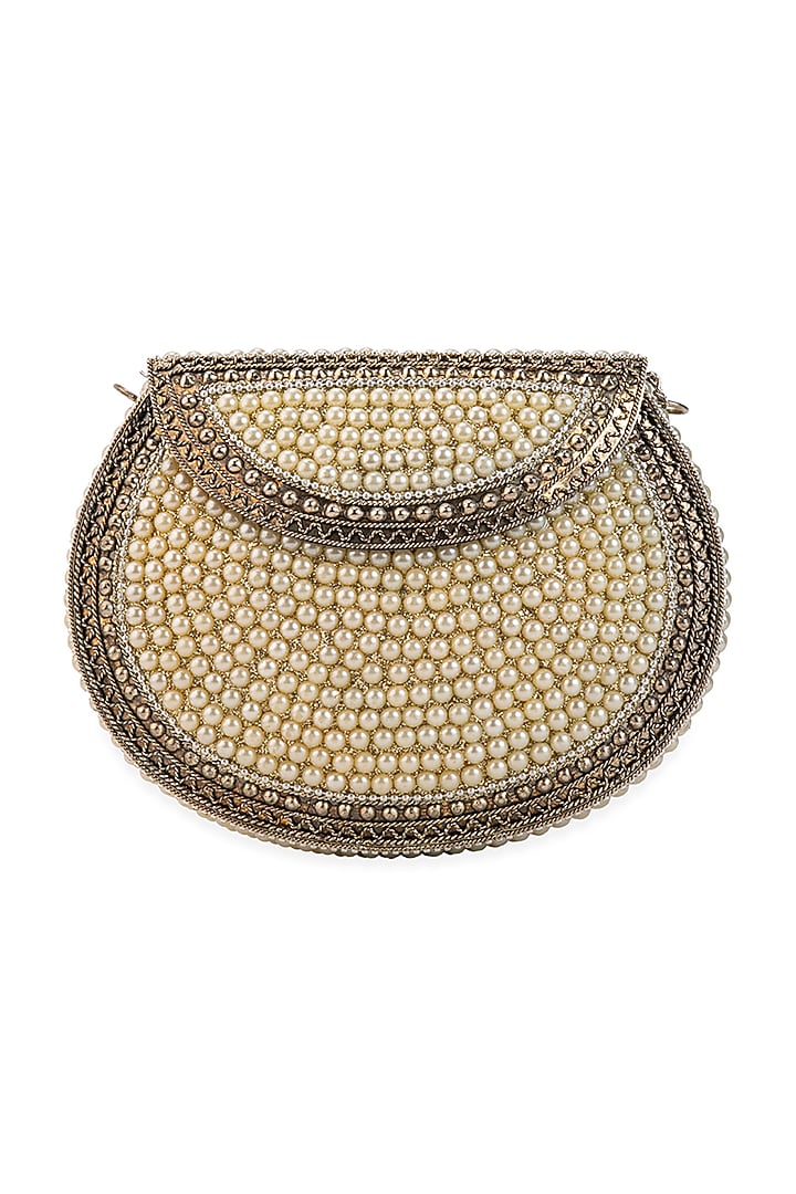 Off-White Metallic Pearl Encrusted Handbag by 5 Elements at Pernia's Pop Up Shop