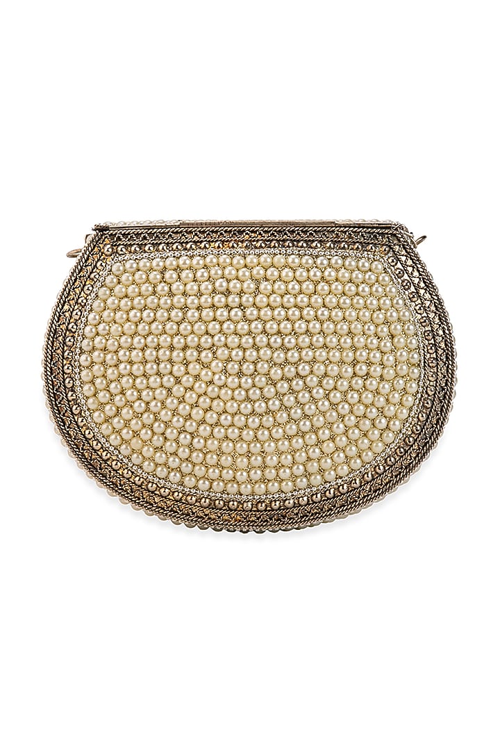 Off-White Metallic Pearl Encrusted Handbag by 5 Elements at Pernia's Pop Up Shop