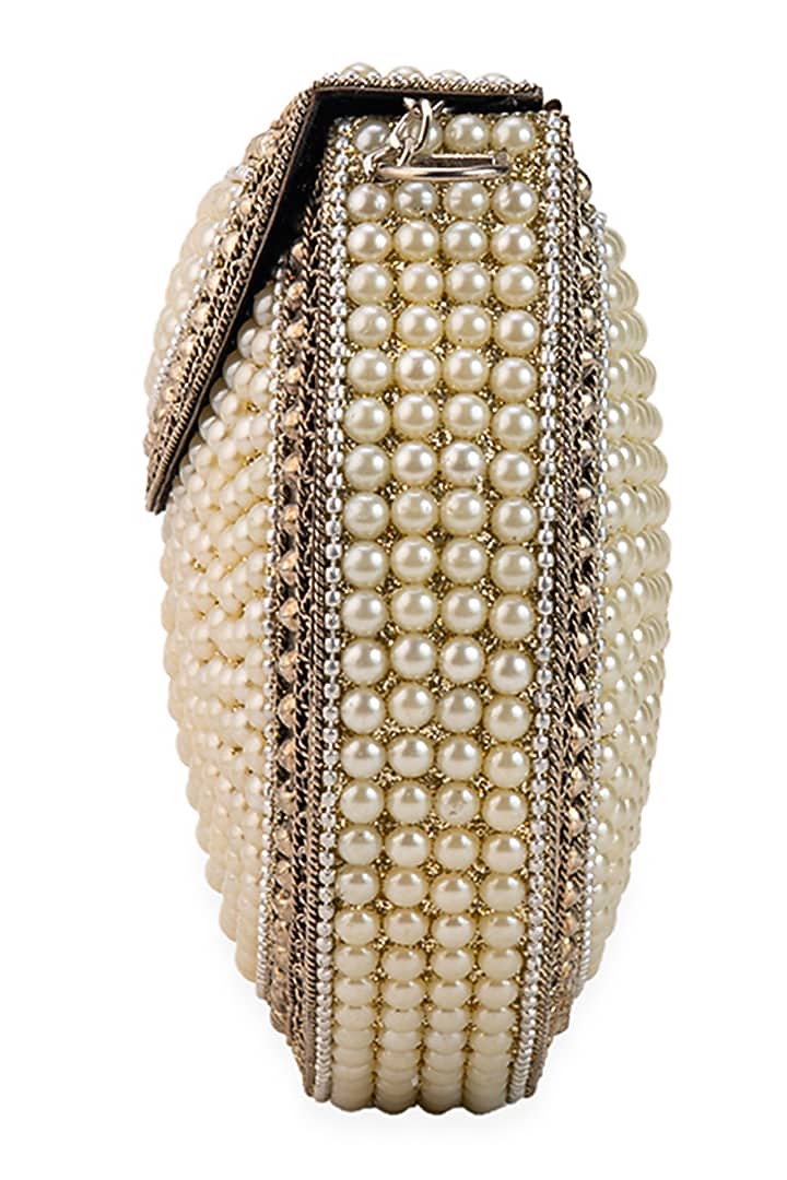 Off-White Metallic Pearl Encrusted Handbag by 5 Elements at Pernia's Pop Up Shop