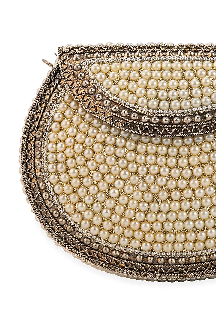 Off-White Metallic Pearl Encrusted Handbag by 5 Elements at Pernia's Pop Up Shop