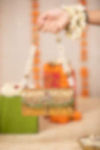 Gold Metallic Floral Embossed Handbag by 5 Elements at Pernia's Pop Up Shop