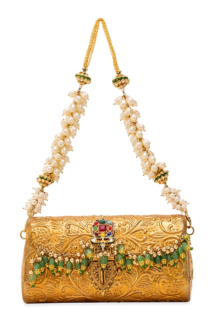 Gold Metallic Floral Embossed Handbag by 5 Elements at Pernia's Pop Up Shop