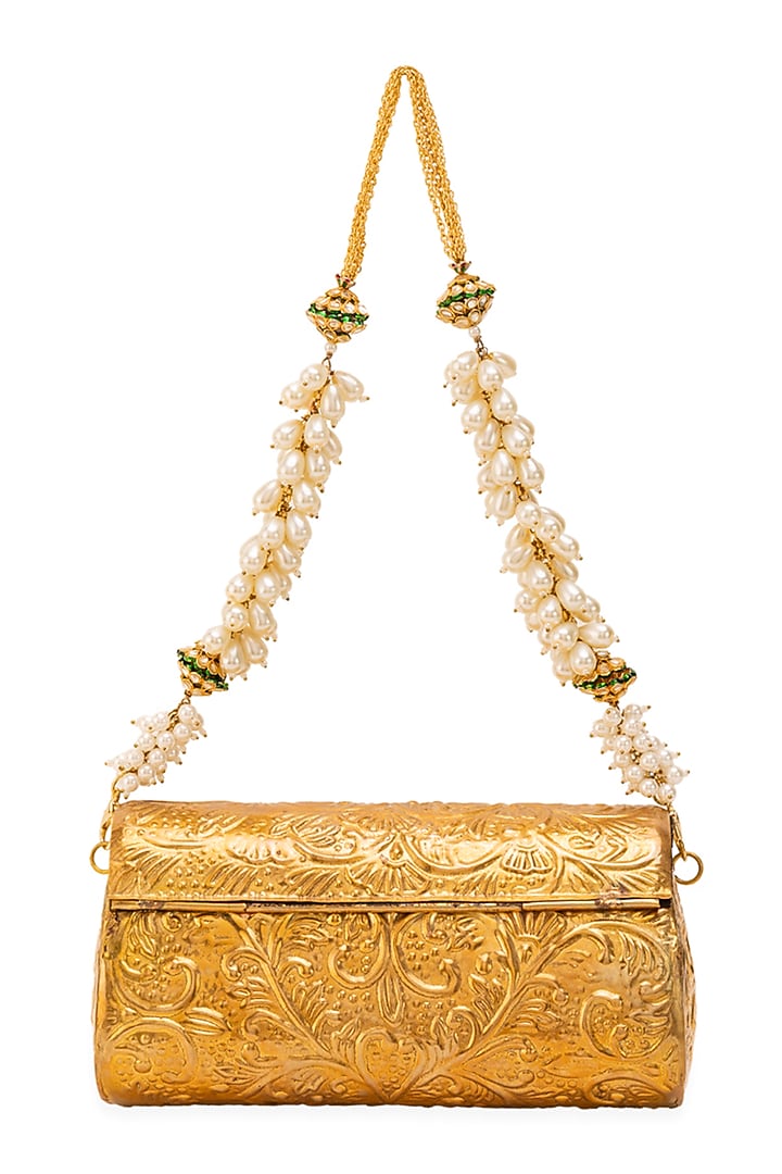 Gold Metallic Floral Embossed Handbag by 5 Elements at Pernia's Pop Up Shop