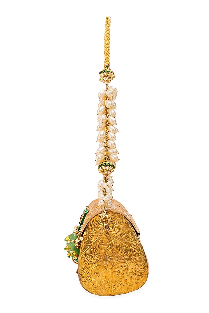 Gold Metallic Floral Embossed Handbag by 5 Elements at Pernia's Pop Up Shop