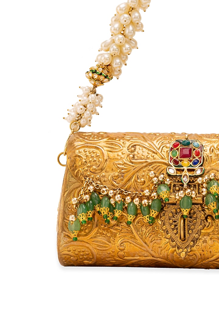 Gold Metallic Floral Embossed Handbag by 5 Elements at Pernia's Pop Up Shop