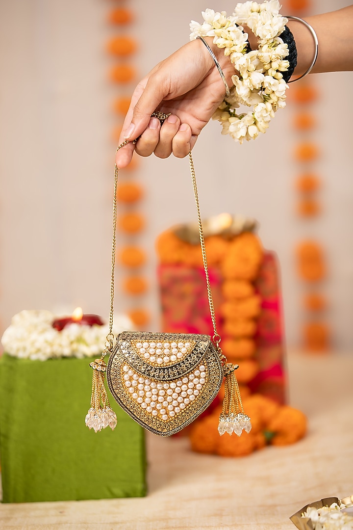 Gold Metallic Pearl Handbag by 5 Elements at Pernia's Pop Up Shop