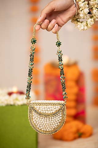 Gold Metallic Pearl Work Handbag by 5 Elements