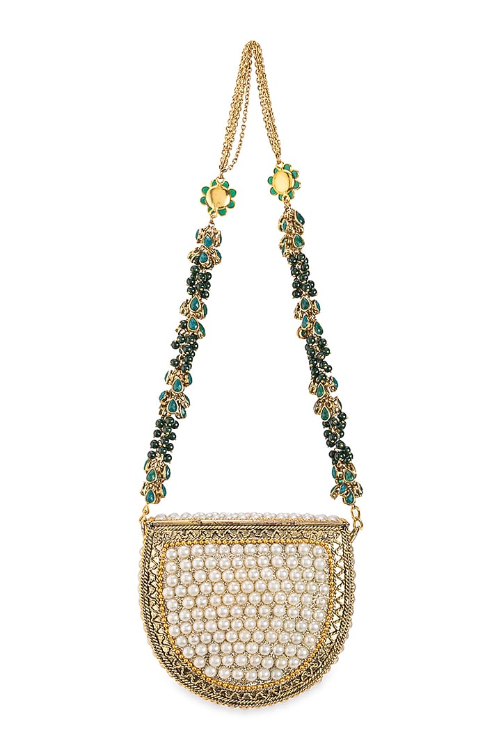 Gold Metallic Pearl Work Handbag by 5 Elements at Pernia's Pop Up Shop