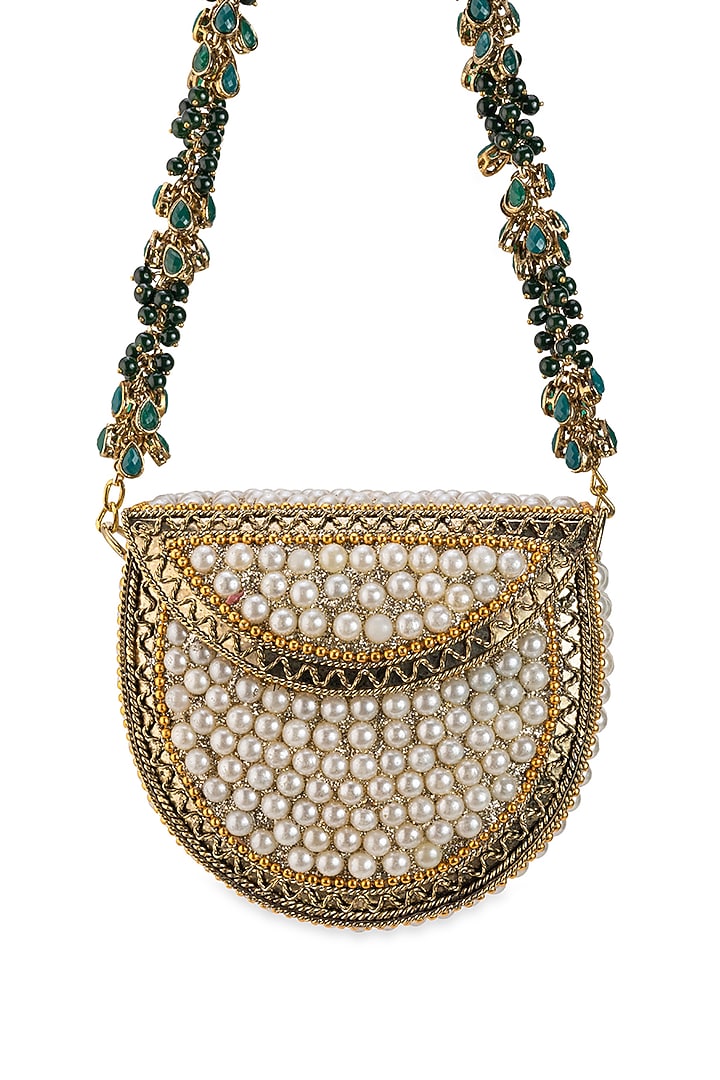 Gold Metallic Pearl Work Handbag by 5 Elements at Pernia's Pop Up Shop