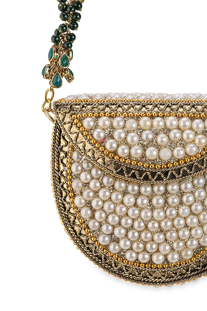Gold Metallic Pearl Work Handbag by 5 Elements at Pernia's Pop Up Shop