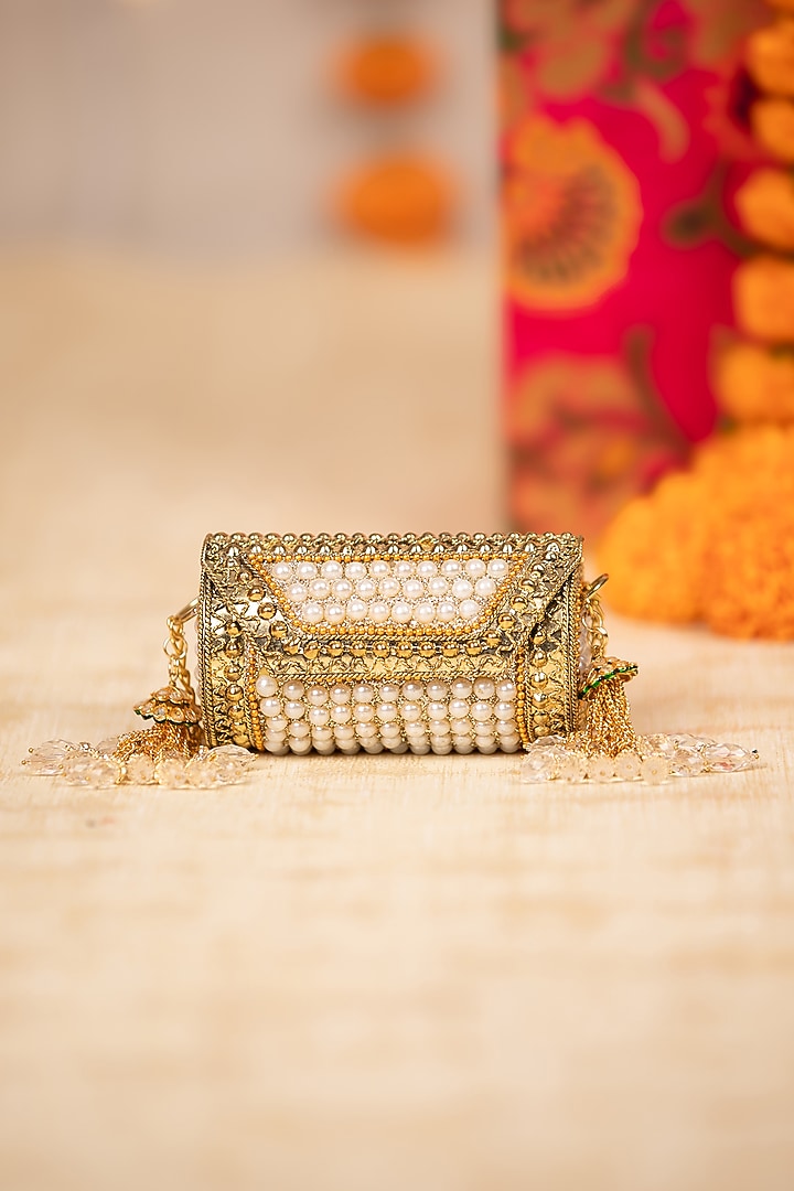 Gold Metallic Pearl Encrusted Handbag by 5 Elements at Pernia's Pop Up Shop