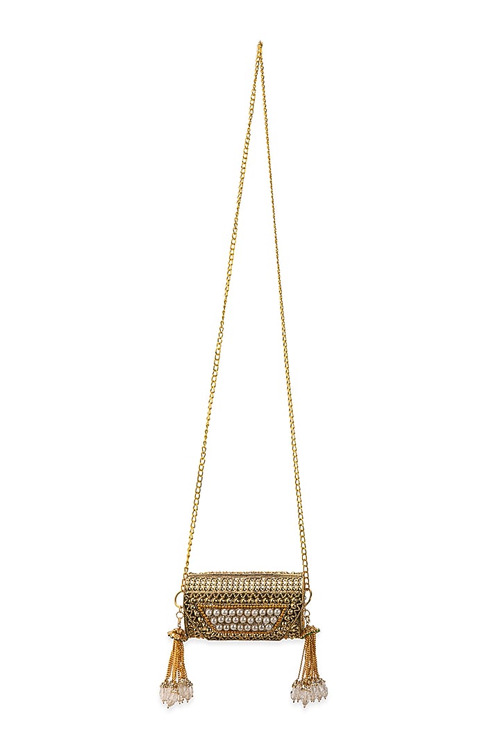 Gold Metallic Pearl Encrusted Handbag by 5 Elements at Pernia's Pop Up Shop