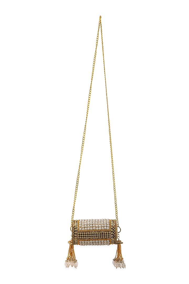 Gold Metallic Pearl Encrusted Handbag by 5 Elements at Pernia's Pop Up Shop