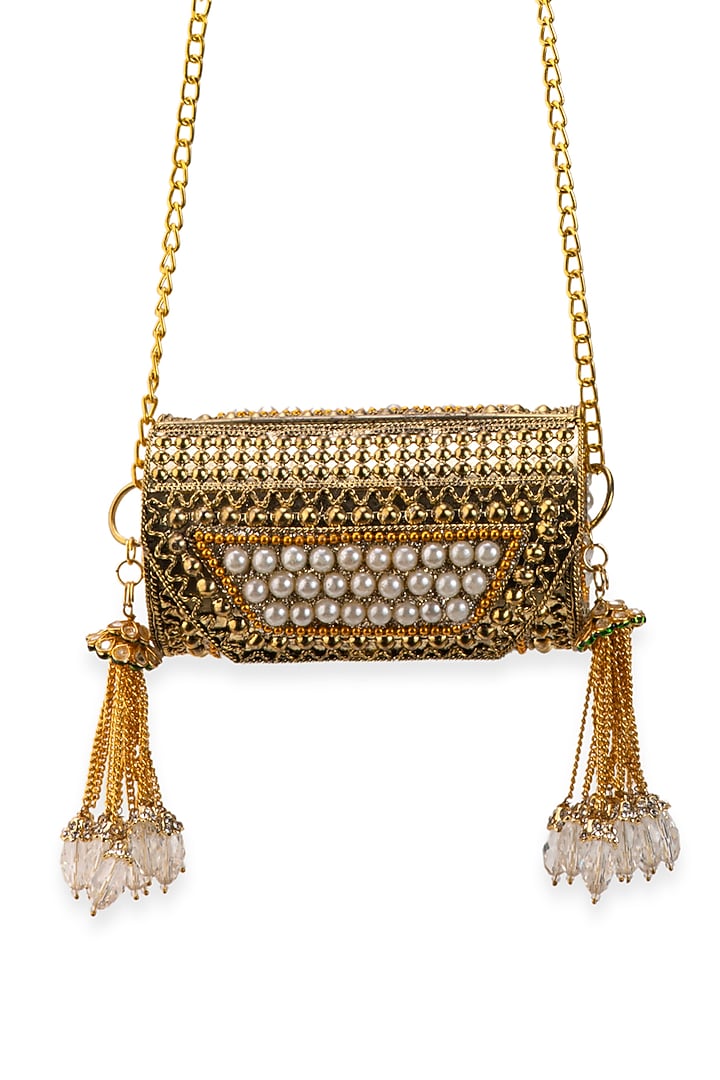 Gold Metallic Pearl Encrusted Handbag by 5 Elements at Pernia's Pop Up Shop