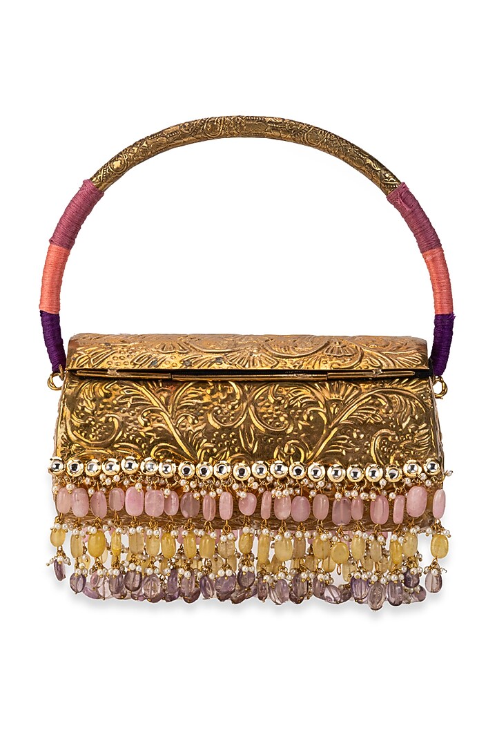 Gold Metallic Floral Embossed Handbag by 5 Elements at Pernia's Pop Up Shop