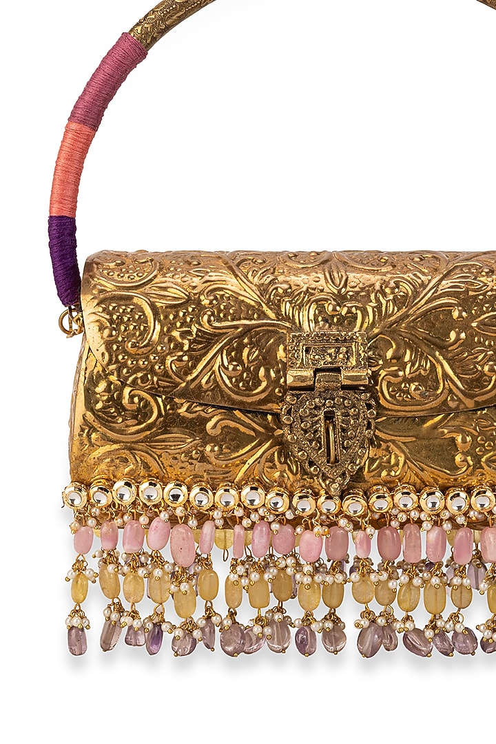 Gold Metallic Floral Embossed Handbag by 5 Elements at Pernia's Pop Up Shop