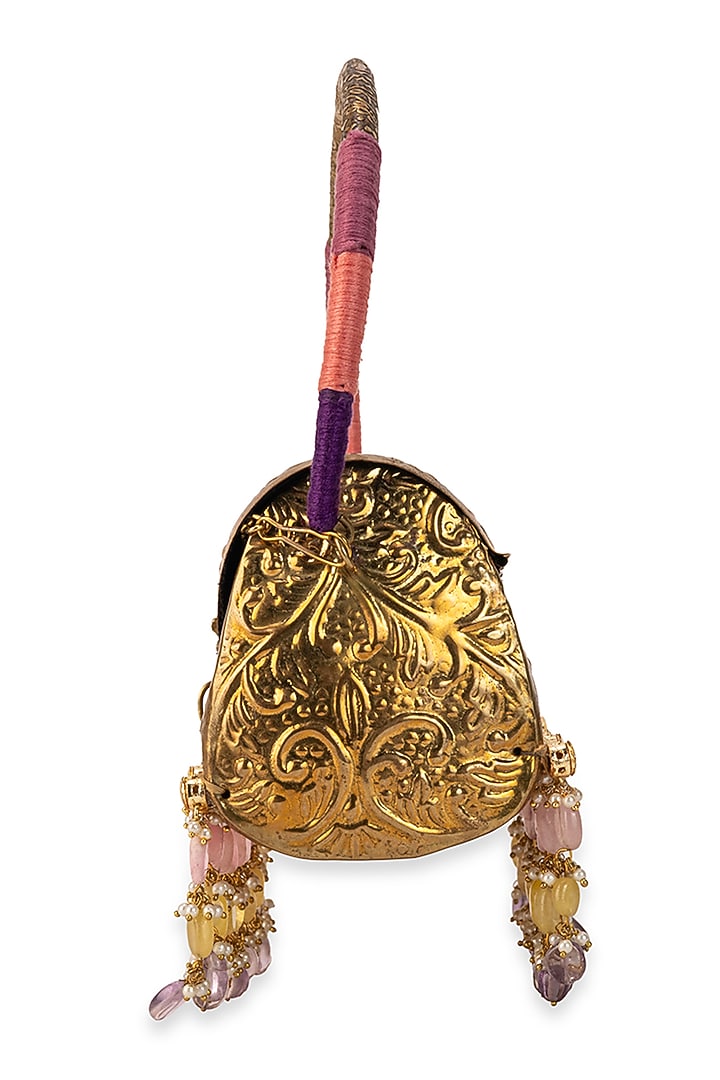 Gold Metallic Floral Embossed Handbag by 5 Elements at Pernia's Pop Up Shop