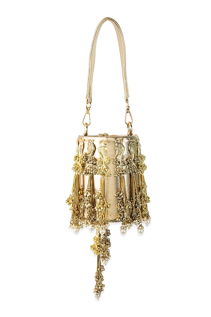 Gold PU Tassel Embellished Potli by 5 Elements at Pernia's Pop Up Shop
