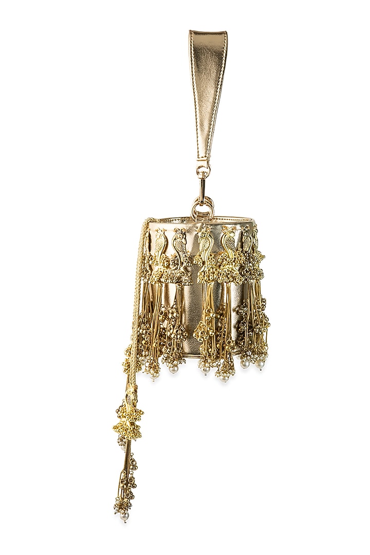 Gold PU Tassel Embellished Potli by 5 Elements at Pernia's Pop Up Shop