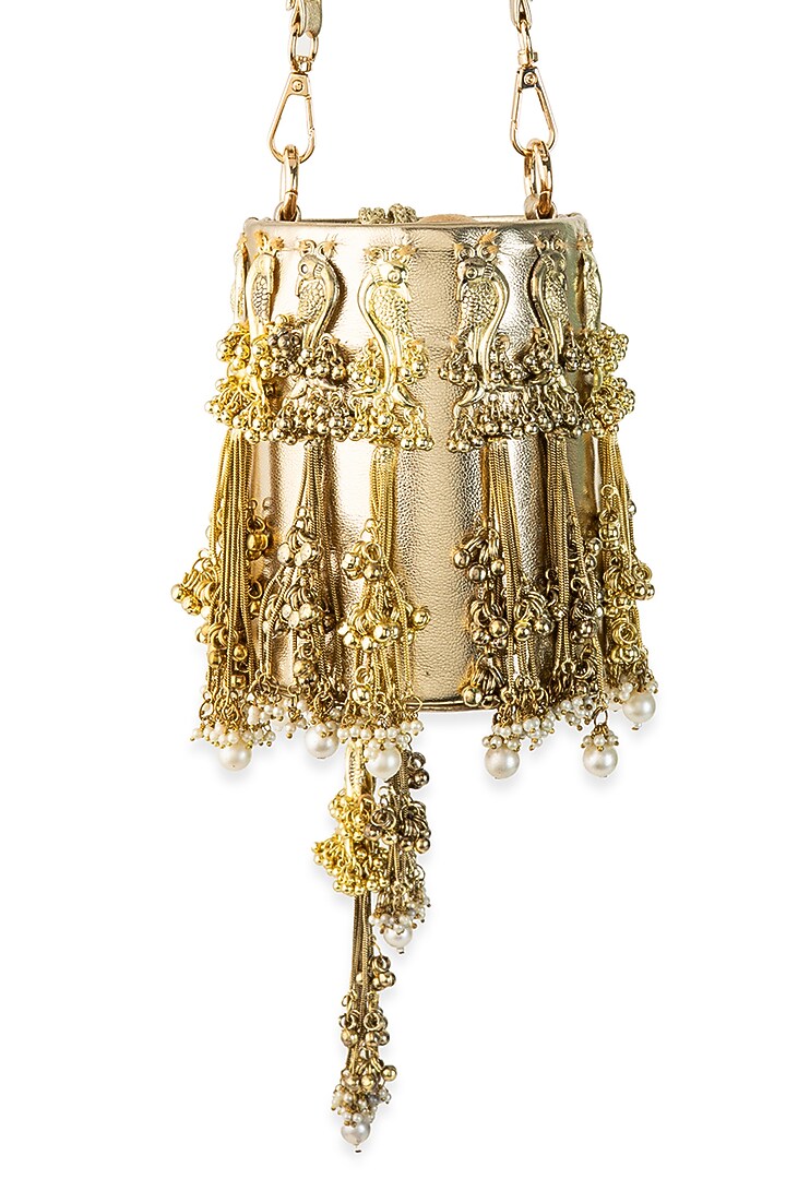Gold PU Tassel Embellished Potli by 5 Elements at Pernia's Pop Up Shop