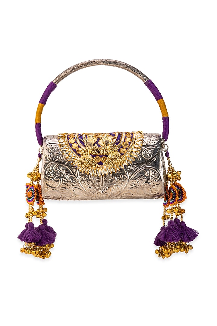 Silver Metallic Floral Embossed Handbag by 5 Elements at Pernia's Pop Up Shop