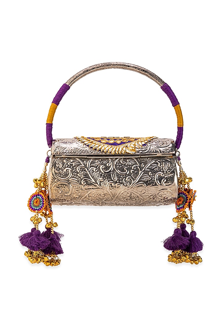 Silver Metallic Floral Embossed Handbag by 5 Elements at Pernia's Pop Up Shop