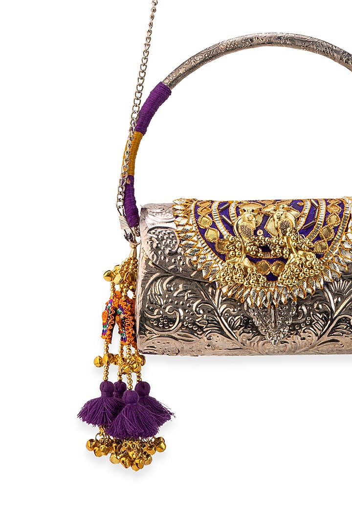 Silver Metallic Floral Embossed Handbag by 5 Elements at Pernia's Pop Up Shop