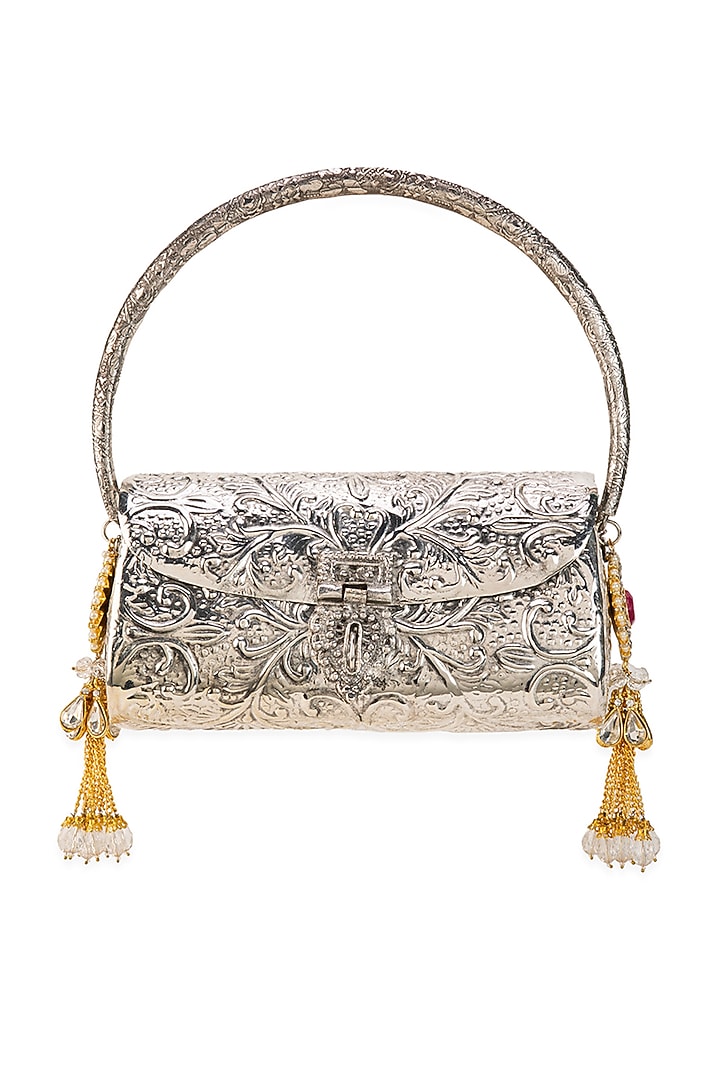 Silver Metallic Tassel Embellished Handbag by 5 Elements at Pernia's Pop Up Shop
