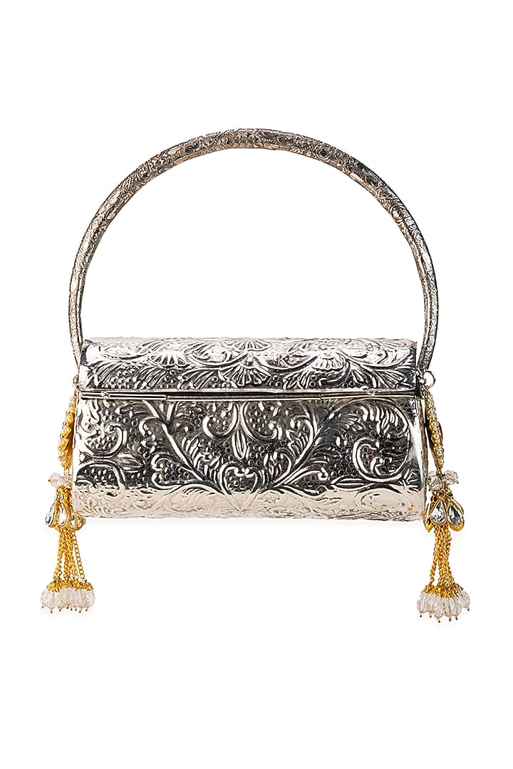 Silver Metallic Tassel Embellished Handbag by 5 Elements at Pernia's Pop Up Shop