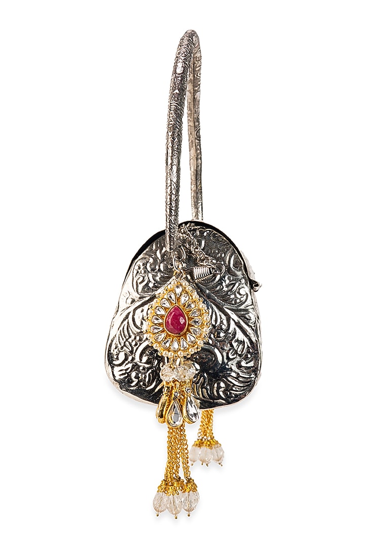 Silver Metallic Tassel Embellished Handbag by 5 Elements at Pernia's Pop Up Shop