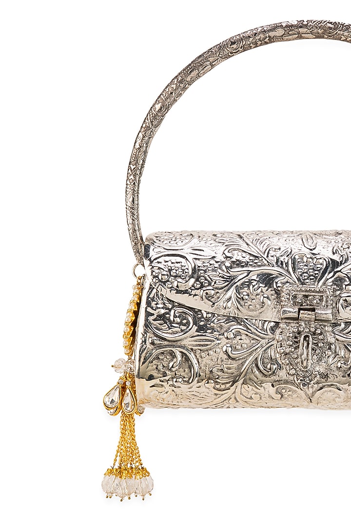 Silver Metallic Tassel Embellished Handbag by 5 Elements at Pernia's Pop Up Shop